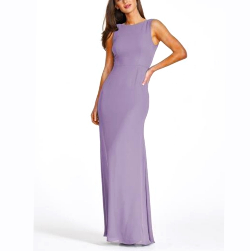 Christa's Chiffon Column Dress Bateau Neck Open Back Flared Trumpet Skirt Sz S/M